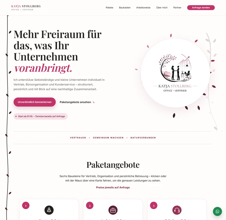 Katja Stollberg Office und Vertrieb website – homepage with logo and service packages