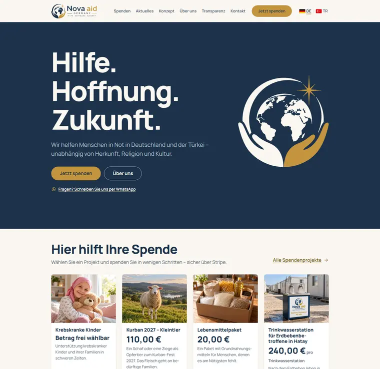 NovaAid Germany e.V. website – homepage with the motto Hilfe. Hoffnung. Zukunft. and donation projects