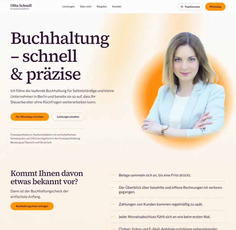 Website Olha Schnell – Startseite mit Porträt und der Überschrift Buchhaltung schnell und präzise