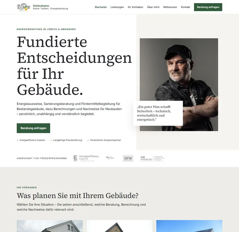 Gebäudeplan Rainer Taubert website – homepage with portrait photo of Rainer Taubert